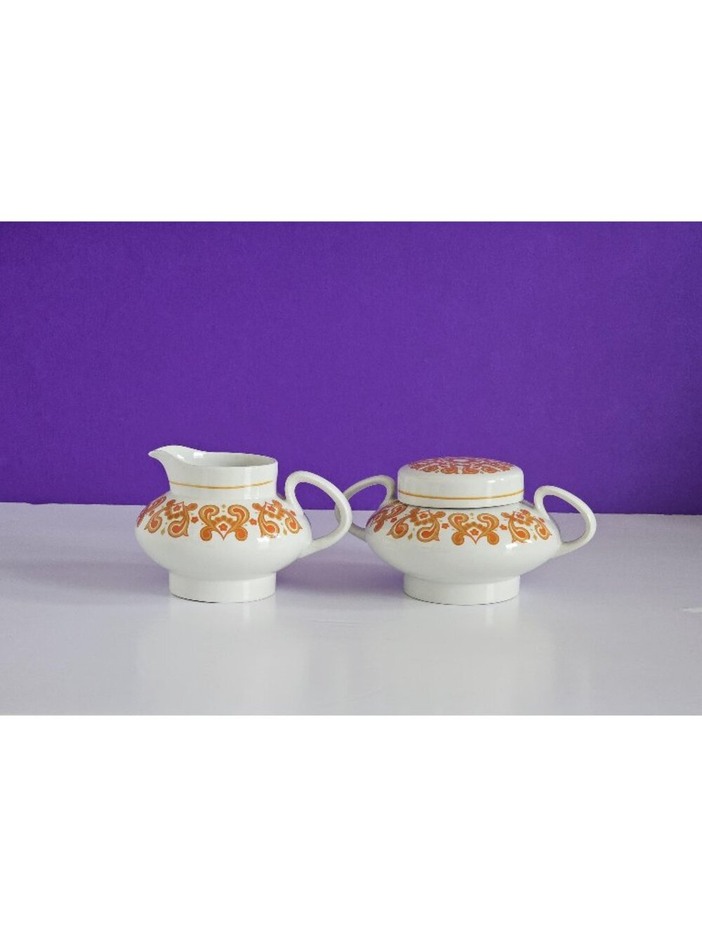 Vintage Ridgway Christina Creamer Sugar Set – Mid Century Orange Swirl Dishware